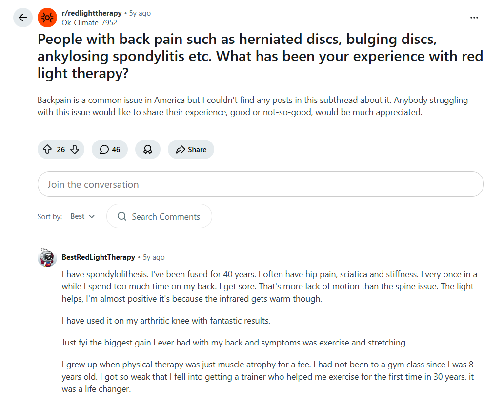 Reddit post about back pain and red light therapy