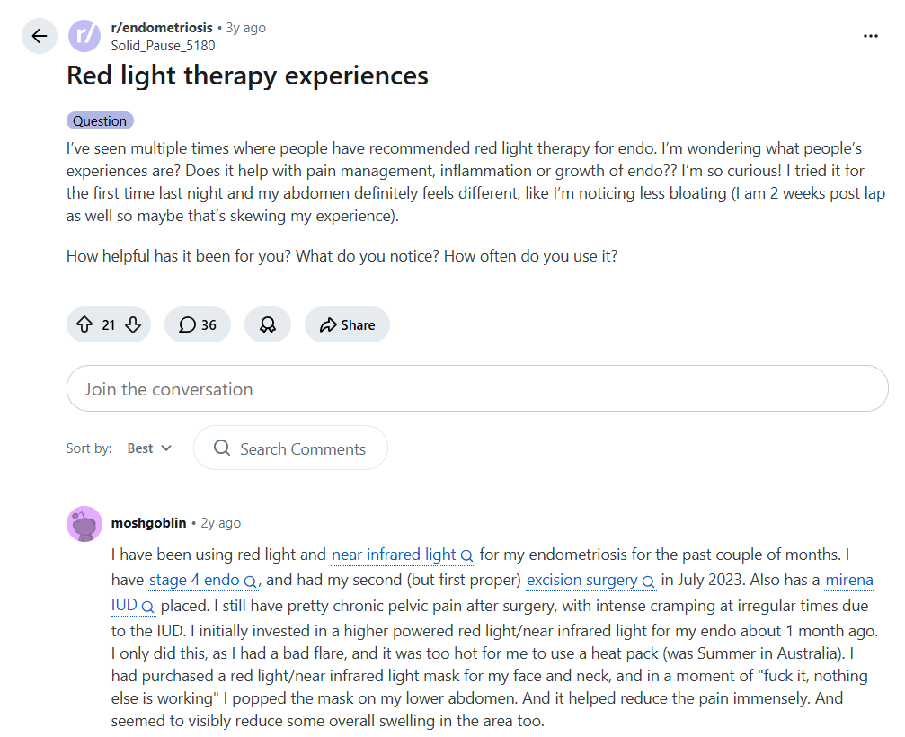 Reddit post about endometriosis and red light therapy