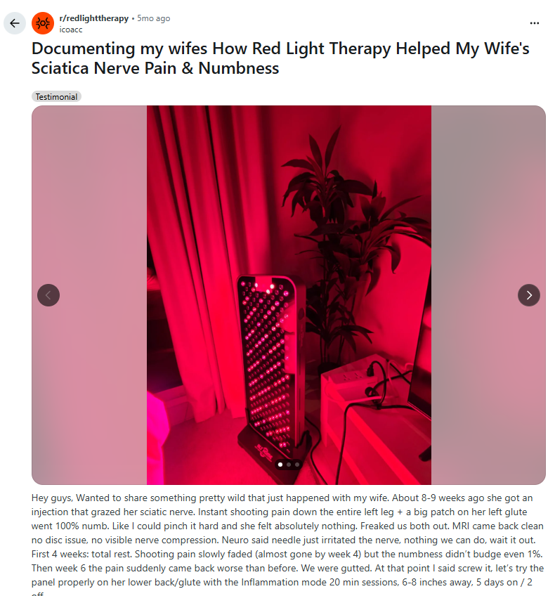 Reddit post about sciatica relief with red light therapy