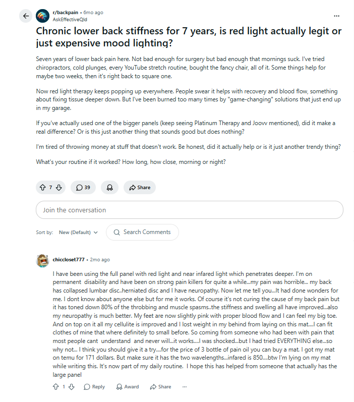Chronic back pain and red light therapy discussion