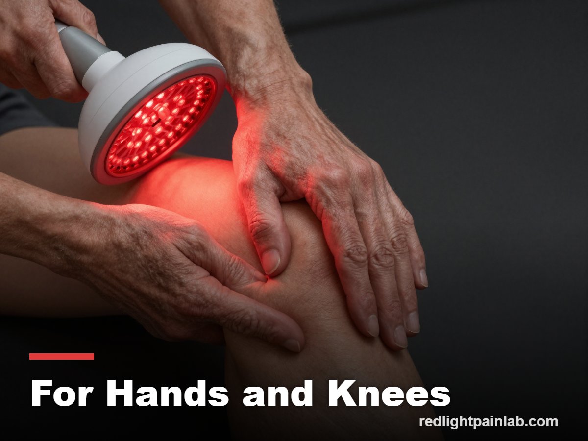 Red light therapy device on arthritic hands and knee