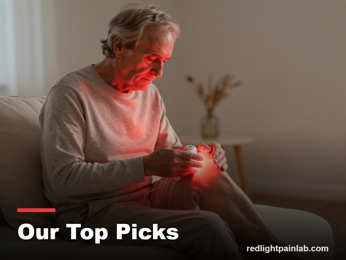 Older adult using a red light therapy device for arthritis at home