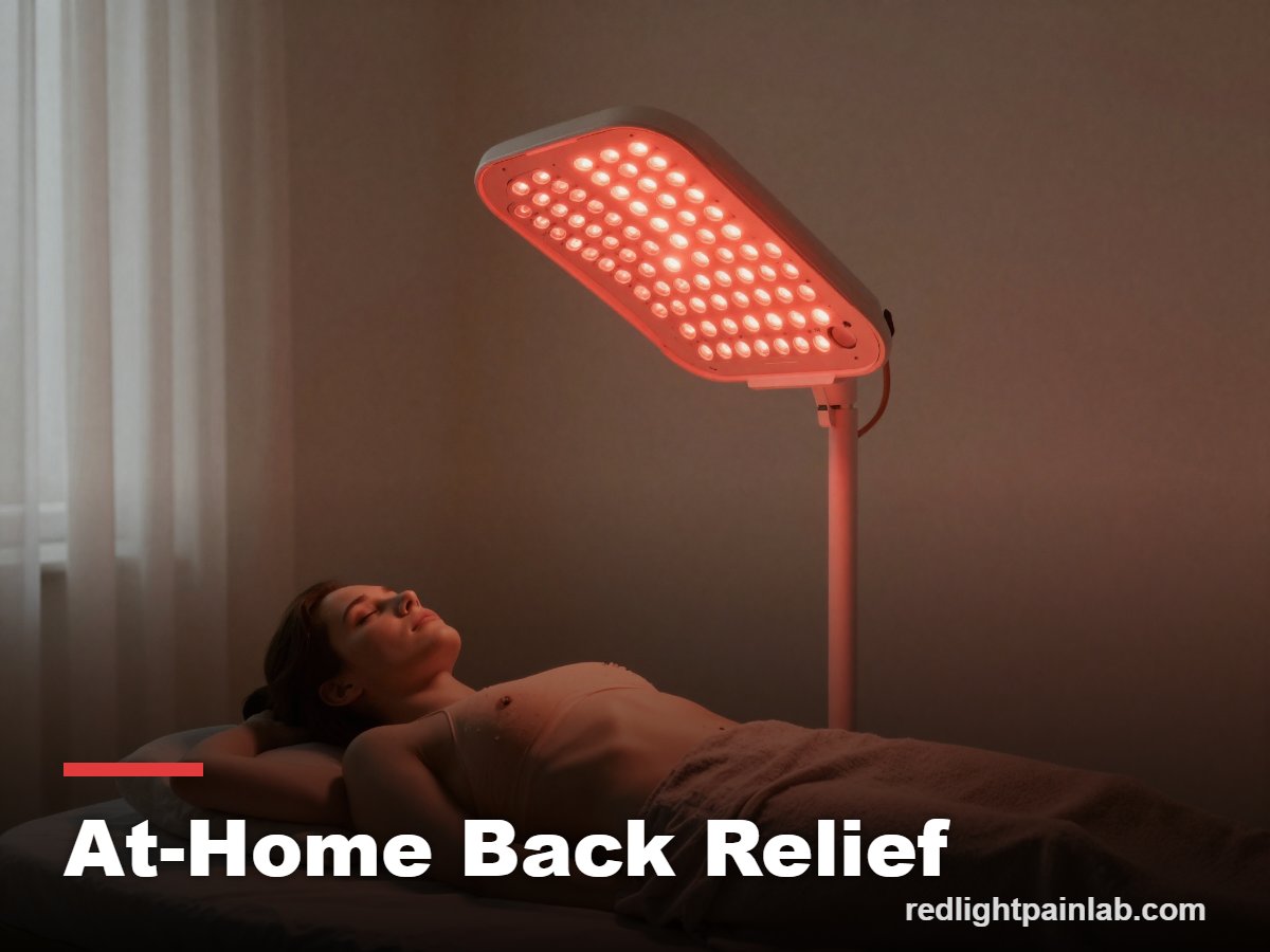 Person using a red light therapy panel on their back at home