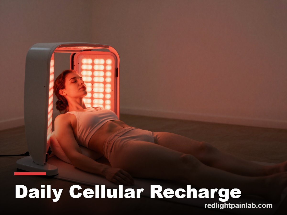 Energized person doing a red light therapy session at home