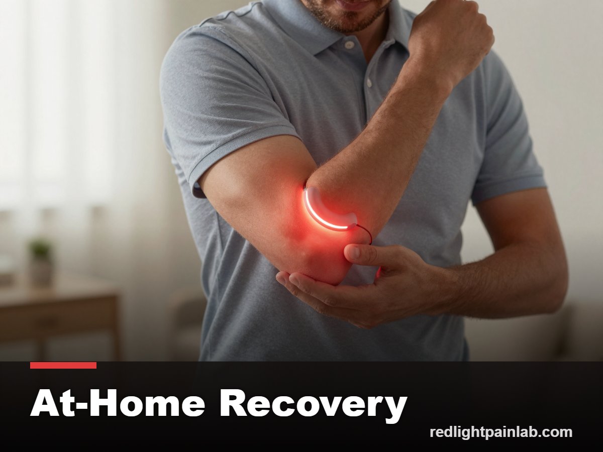 Golfer treating the inner elbow with a red light device at home