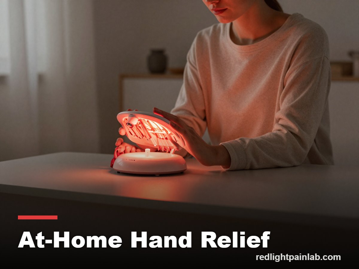 Person resting hands under a red light therapy device at home