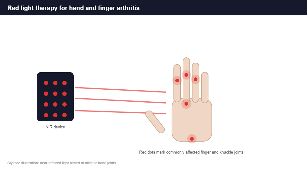 Red light therapy for hand arthritis Illustration of red light therapy targeting arthritis in the finger and knuckle joints of the hand