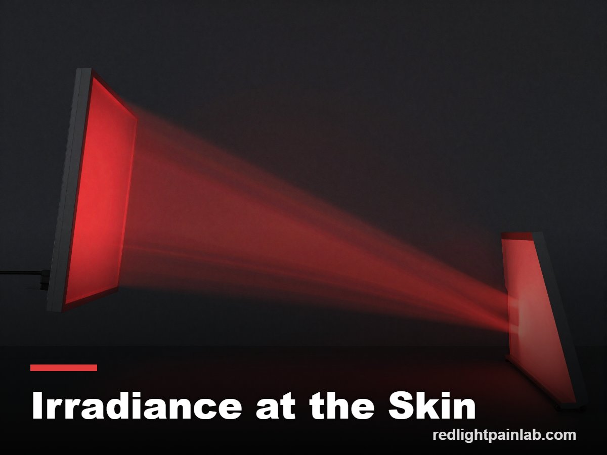 Red light intensity reaching the skin at a measured distance