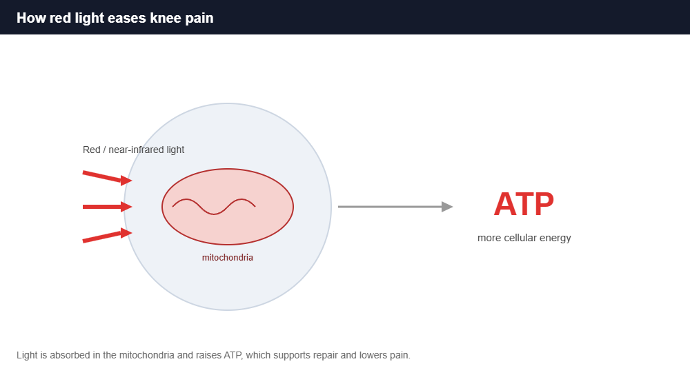 How red light therapy eases knee pain by boosting cellular energy (ATP) in the knee