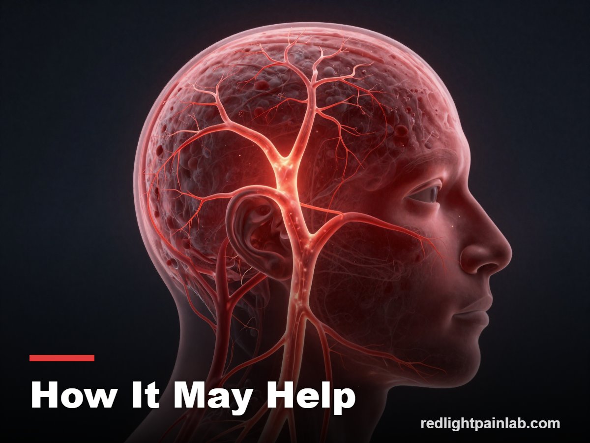 Illustration of red and near-infrared light over the head supporting blood flow and calmer nerves