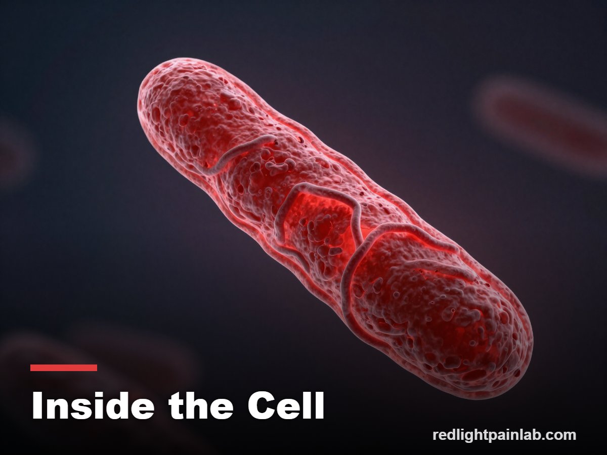 A mitochondrion absorbing red and near-infrared light