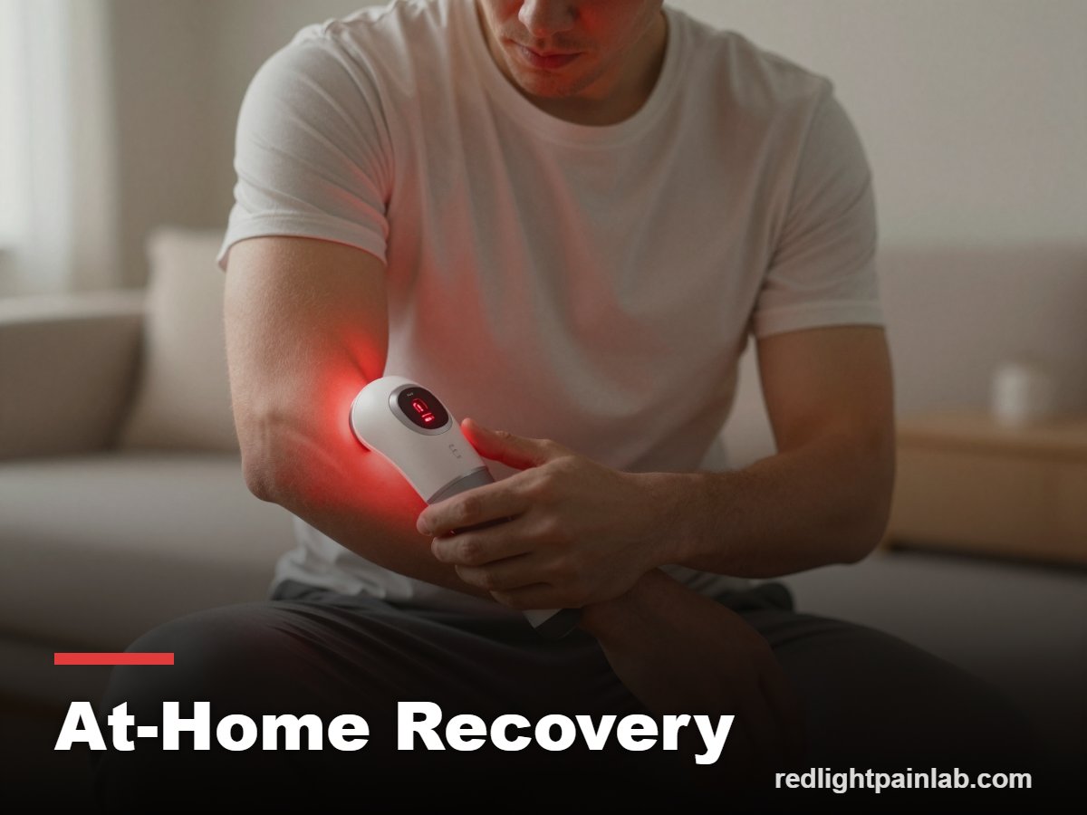 Athlete treating the outer elbow with a red light device at home