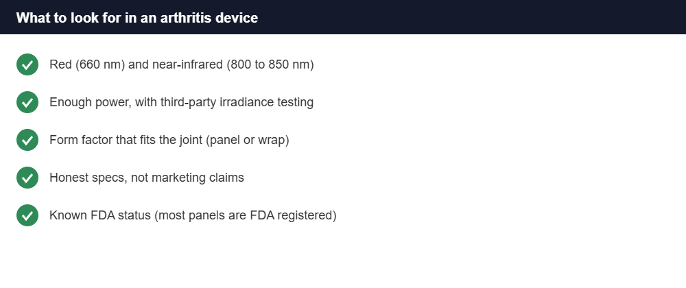 Checklist of what to look for in a red light therapy device for arthritis